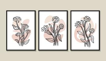 Minimal line art flowers and leaves poster design vector
