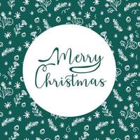 A greeting card or banner with an inscription and cute seasonal elements in a round shape. Merry Christmas, handwritten lettering. Vegetable elements. Hand-drawn vector illustration