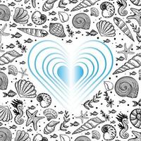 Vector banner template in nautical style. Heart shape in the center. Hand drawn seashells and starfish in sketch style. Greeting card. Rope borders