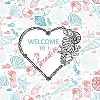 Vector banner template in nautical style. Rope with heart shaped knots. Hand drawn seashells and starfish in sketch style. Greeting card. Rope borders