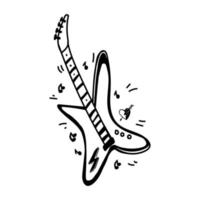 Hand-drawn rock guitar in doodle-sketch style. Electric musical instrument. Music. Heart with an arrow. Vector in a simple cartoon style. Isolated element on white background