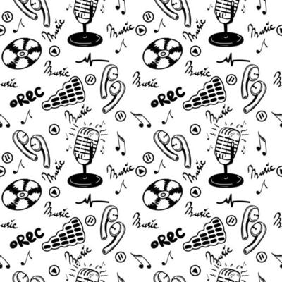 A seamless pattern of music symbols, hand-drawn doodle-style elements. Microphone, CDs, sheet music, modern headphones and sound recording icons. Vector illustration