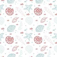 Seamless pattern, hand-drawn sea creatures in sketch style. Shells and seaweed. Pastel palette. White background. Isolated. Summer. Ocean. Flat design. Vector illustration
