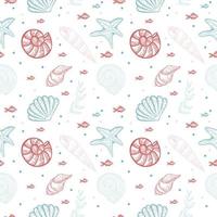 Seamless pattern, hand-drawn sea creatures in sketch style. Shells and seaweed. Pastel palette. White background. Isolated. Summer. Ocean. Flat design. Vector illustration