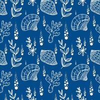 Seamless pattern, hand-drawn sea creatures in sketch style. Shells, coral and seaweed. Monochrome palette. Reef. White background. Isolated. Summer. Ocean. Flat design. Vector illustration