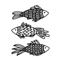 A set of hand-drawn fish in doodle style. Sea creatures. Organisms of the oceans. Fish with different patterns of scales and fins. Simple vector illustration isolated on white background