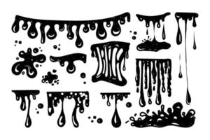 A set for working with blobs. Doodle style drawn elements. Black splashes of slime, stretching slime, toxic dripping slime. Slime splatter and droplets, liquid borders. Isolated vector shapes