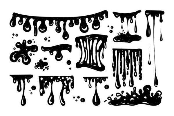 A set for working with blobs. Doodle style drawn elements. Black splashes of slime, stretching slime, toxic dripping slime. Slime splatter and droplets, liquid borders. Isolated vector shapes