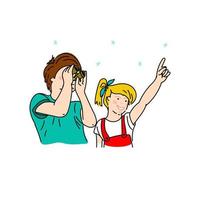 The concept of new discoveries by children. A boy and a girl are looking at something enthusiastically. One child holds binoculars, and the other indicates where to look. Vector in doodle style