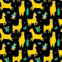 Seamless pattern on a dark background. Bright yellow llamas and plants. Animals. Llama in different poses. Vector in flat style. Suitable for children illustrations