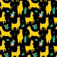 Seamless pattern on a dark background. Bright yellow llamas and plants. Animals. Llama in different poses. Vector in flat style. Suitable for children illustrations