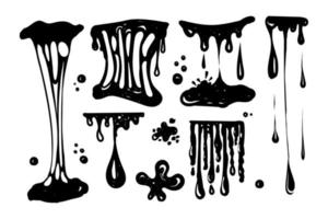 A set for working with blobs. Doodle style drawn elements. Black splashes of slime, stretching slime, toxic dripping slime. Slime splatter and droplets, liquid borders. Isolated vector shapes