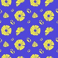 Seamless pineapple pattern, drawn doodle elements in sketch style. Pineapple circles, slices, core, juice drops. Vector illustration, isolated on bright blue background.