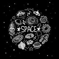 A set of space elements in a circle on a black background. Hand-drawn doodle-style elements. Starry sky. Astronomy. Black hole. Rockets, satellite, flying saucer. Space objects and stars vector