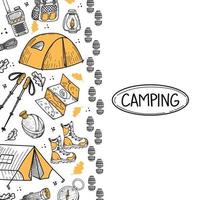 Banner with elements of hiking life on a white background. Hiking. Hiking. Camping emblem with mountains. Tents, compass, map, etc. There is an indent for text. Hand-drawn elements in a flat style vector