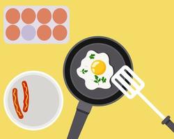 Top view of Fried egg with black pan. Cartoon vector style for your design. Space for your text or copy.