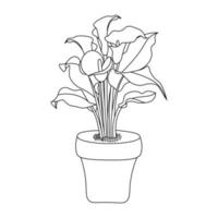 calla flower with decorative vase coloring page design in living room interior vector
