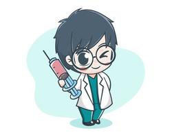 Cute male doctor holding syringe cartoon illustration vector