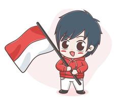 chico lindo sosteniendo la bandera de indonesia en el día de la independencia vector