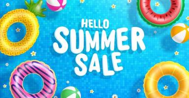 Summer Sale poster and banner template with Colorful Float on water in the tiled pool Background. Sale banner Design for Summer in flat lay styling. Promotion and shopping template for Summer and pool vector