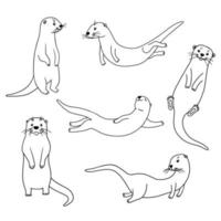 Cute otters in different actions, vector outline illustrations isolated on white background. Otters swimming and standing.