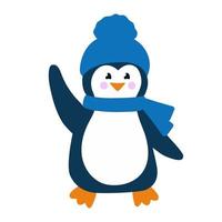 Cute penguin in blue hat and scarf smiles and waves his hand. Colorful vector illustration in flat style. Penguin baby isolated on white background