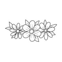 Flower border with flowers and leaves in outline style. Vector line wildflowers. Elegant floral bouquet hand drawn isolated on white