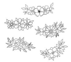 conjunto de borde de flores con flores y hojas en estilo de contorno. flores silvestres de línea vectorial. elegante ramo floral dibujado a mano aislado sobre fondo blanco vector