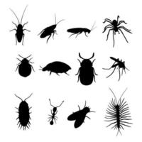 conjunto de insectos de silueta aislado en el fondo blanco. ilustración vectorial cucaracha, araña, garrapata, mosquito y hormiga vector