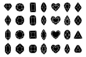 Diamond gems jewelry, crystals collection, black and white icon set vector illustration