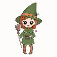 Halloween cute witch with pot and broom vector illustration