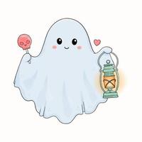 fantasma lindo de halloween con piruleta de cráneo y linterna ilustración vectorial vector