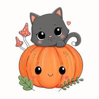 Halloween vector illustration black cat, pumpkin and mushrooms