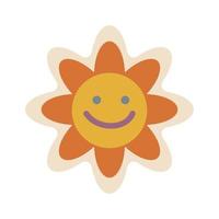 Aesthetics of the seventies, fun groovy flower sticker. Smiling floral emoji. Graphic element. Retro design, muted colors, strokes. vector