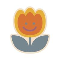 Aesthetics of the seventies, fun groovy flower sticker. Smiling floral emoji. Graphic element. Retro design, muted colors, strokes. vector