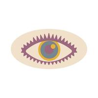 Aesthetics of the seventies, fun groovy eye sticker. Crazy psychedelic vision. Graphic element. Retro design, muted colors, strokes. Vector illustration.