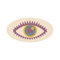 Aesthetics of the seventies, fun groovy eye sticker. Crazy psychedelic vision. Graphic element. Retro design, muted colors, strokes. Vector illustration.