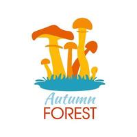 Congratulations Autumn. Vector illustrations with simple pictures. Hello fall. Mushrooms honey agaric. Signature Autumn forest.