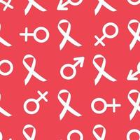 Vector repeating seamless pattern on a red background symbols of masculine and feminine. Ribbon health aids, cancer awareness backdrop. Man, woman sign. Flat design.