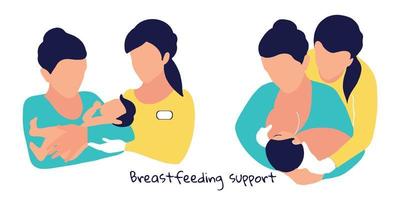 Celebrating Breastfeeding Support Week, 1-7 August. The lactation adviser helps the mother attach the newborn baby. Postpartum support, nursing mothers care. Communicating breastfeeding issues. EPS10
