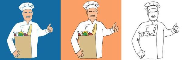 The chef with a paper package of products shows thumbs up, smiles, in the form of a white robe, in a chef's cap. Three style options linear sketch, spots, cartoon black outline stroke. Set EPS10 vector