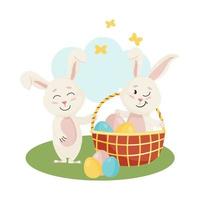 Bunnies Character. Sitting on grass and Laughing Funny, Happy Easter Cartoon Rabbits with Eggs, Basket, Clouds, Butterfly vector