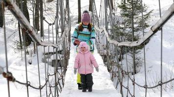 Mutter mit einer dreijährigen Tochter auf der Hängebrücke im Winterwald video