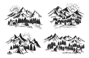Adobe Illustrator ArtworkSketch Camping in nature set, Mountain landscape, vector illustrations.