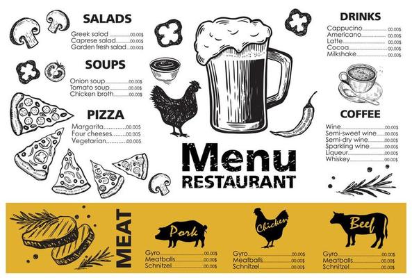 Menu template design for restaurant, sketch illustration. Vector.
