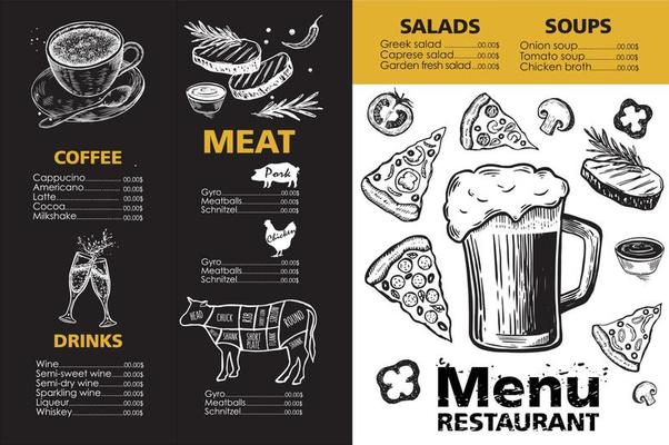 Menu template design for restaurant, sketch illustration. Vector.