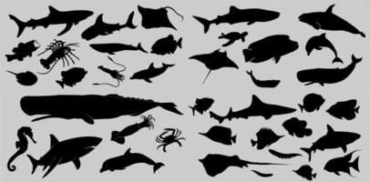 set of collections of black and white silhouettes of sea animals fish, sea life, marine life, seafood, clipart isolated on a white background
