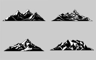 set vector illustration of mountain, isolated silhouette elements in mature landscape white background, outdoor icons, snow ice peaks and decorative isolated camping trip climbing or hiking.