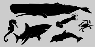 set of collections of black and white silhouettes of sea animals fish, sea life, marine life, seafood, clipart isolated on a white background