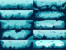 Establecer fondo de silueta bajo el agua. Arrecife de coral submarino, escena de dibujos animados de peces marinos y algas marinas, bajo el agua. vector vivo aqua y fondo marino
